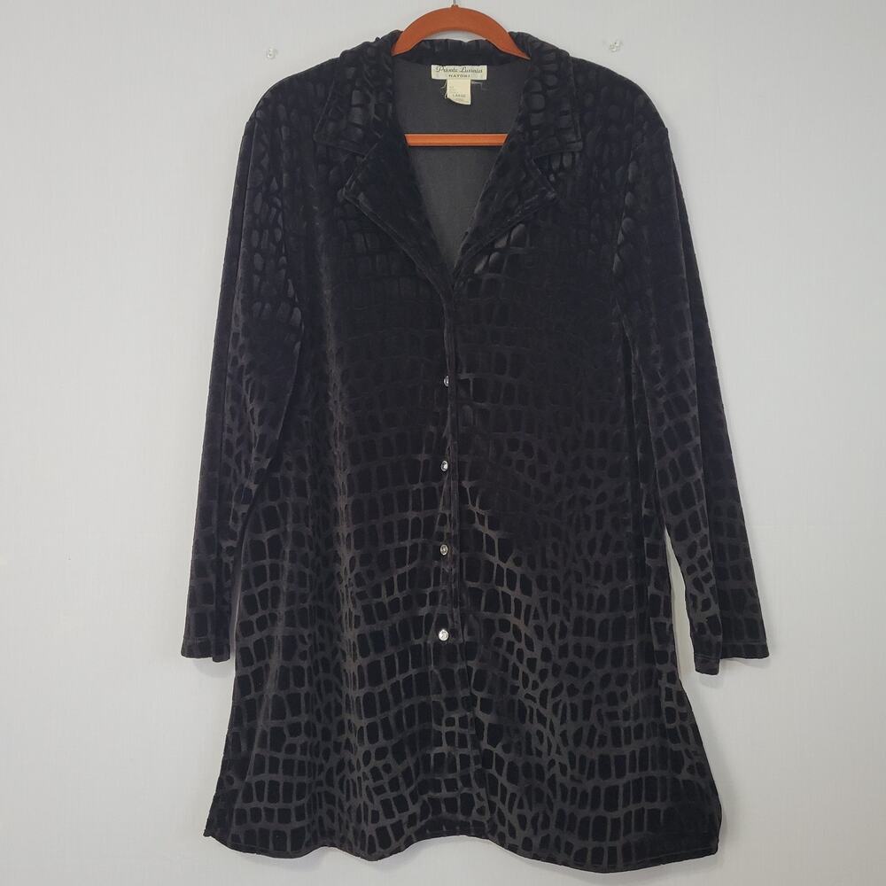 Vintage Velvet Animal Print Longline Button Shirt Jacket size L Black 80s 90s